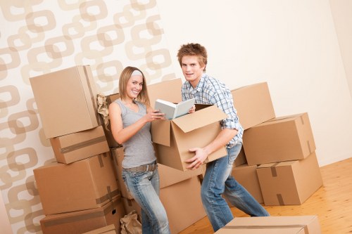 Movers assessing access points and hazards before a house move